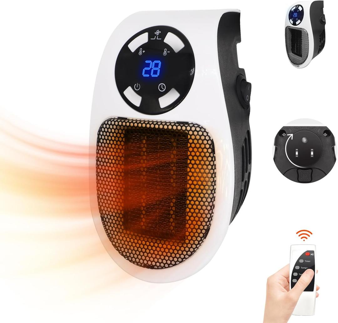 Ecowarm Plug in Heater, 500W Wall Outlet Electric Space Heater as Seen on TV, Small Portable Space Heater with Adjustable Thermostat & Timer & Led Display for Office Bathroom Bedroom Indoor Use (1PCS)