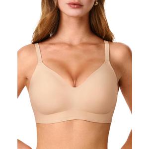Bras for Women, No Underwire Full Coverage V Plunge Bra Wireless Seamless Comfort Bralette T-Shirts Everyday Bras (Medium, Nude)