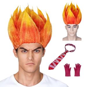 Halloween Angry Fire Costumes Including Flame Wig Like Fire, Hair Cap, Striped Tie, Gloves, Men's and Women's Dress Up