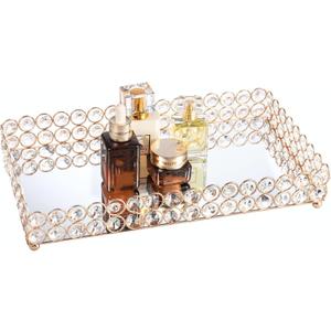 Feyarl Crystal Perfume Fragrance Tray Cosmetic Makeup Vanity Tray Jewelry Trinket Ring Earring Display Organizer Decorative Skin Care Storage for Home Dresser Countertop(13.7 x 7.87 inch) (Gold)