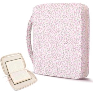 Aliceset Large Bible Cover Case for Women, Pink Floral Quilted Cotton Bible Carrying Case Organizer Bag with Handle and Zipper, for Christian Easter Gifts, Study Supplies Accessories