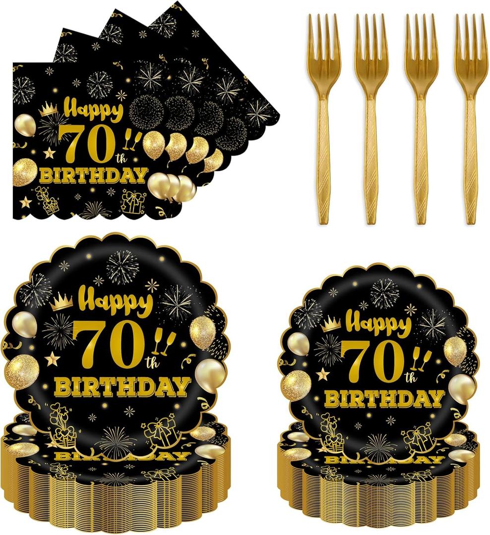 96Pcs 60th Birthday Party Tableware Set,Back in 1965 Birthday Party Decorations Supplies, Disposable Black and Gold 60th Birthdays Paper Plates Napkins Forks Favors for Men Women, Serve 24