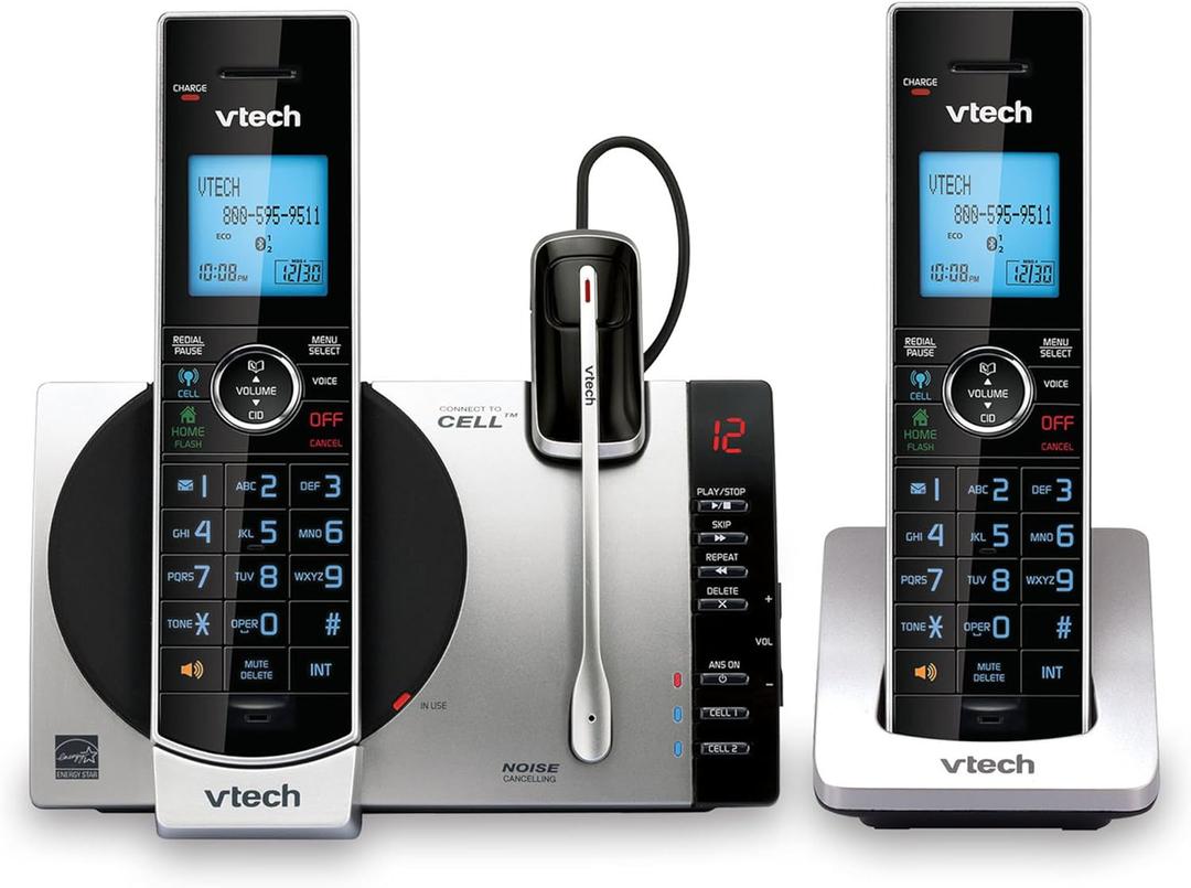 VTech DS67713 Connect to Cell, Cordless Phone with Answering Machine, DECT 6.0 Headset+2 Handset Intercom, Bluetooth, Caller ID/Call Waiting, Expandable System  Silver/Black