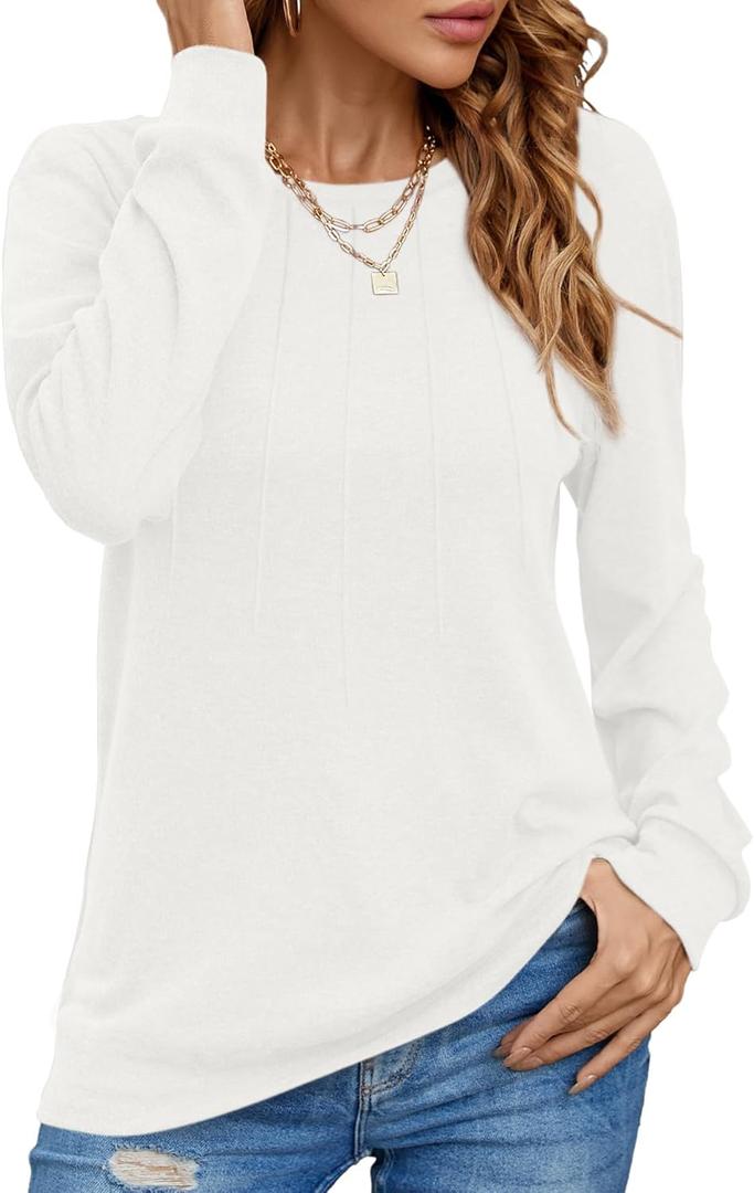 Women Long Sleeve Shirts Casual Tops Dressy Blouses Fashion Pleated Tunic (X-Large, White)