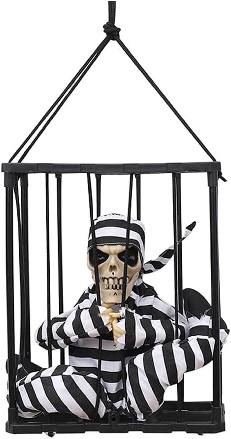 Screaming Animated Halloween Party Decorations, Action-Sensing Halloween Decoration Props, Horror Skull cage Prison Haunted House Decorations, Outdoor Hanging Decorations (Cage Ghost)