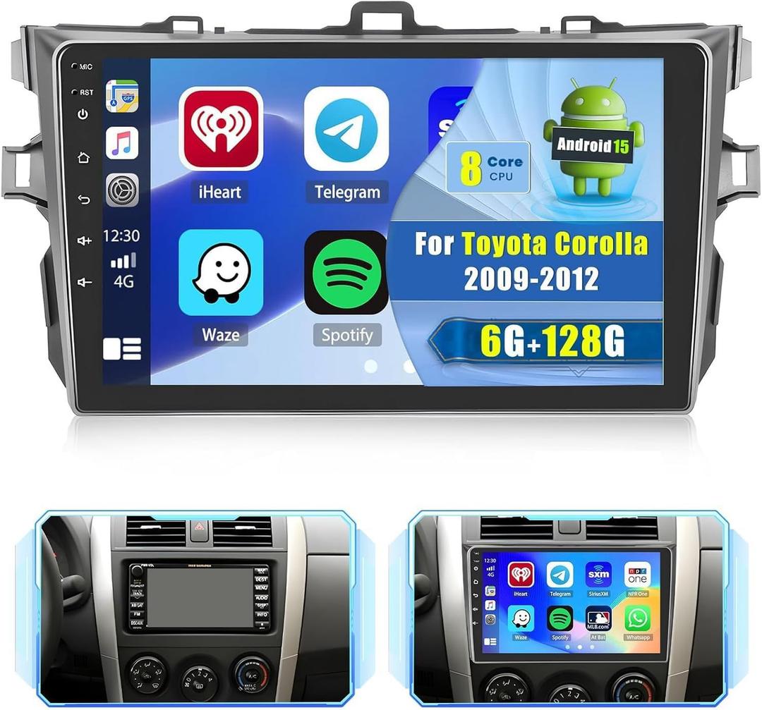 6G+128G 8Core Car Radio for Toyota Corolla 2009-2013 Android Car Stereo Wireless Carplay, 9'' HD Touchscreen Mirror Link GPS Navigation WiFi Bluetooth FM RDS EQ-32 DSP SWC Backup Camera