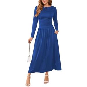 Women's Maxi Dress Long Sleeve Boat Neck Plain Empire Waist Casual Winter Party Long Dresses with Pockets, Size M