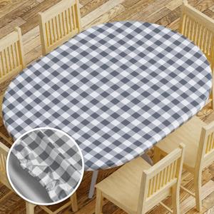 Sorfey Vinyl Fitted Tablecloth Cover, Checke Design, Flannel Backed Lining Fits Tables Up-to 48x68 Oval/Oblong Grey