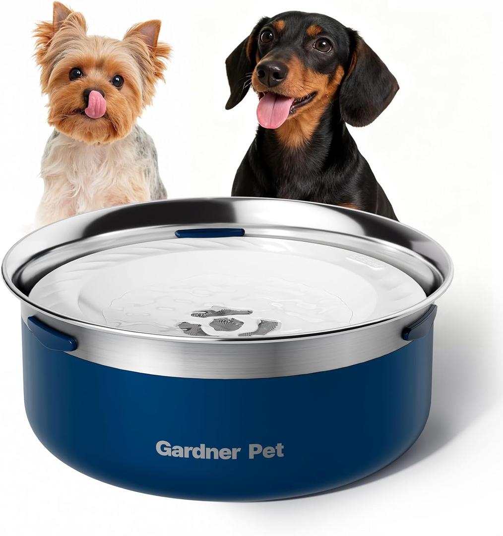 Gardner Pet Slow Water Bowl for Dogs, 2L/68oz Spill-Proof Pet Water Bowl with Floating Disk & Filter Screen, Stainless Steel No-Spill Water Dispenser for Medium Large Pets (Blue)