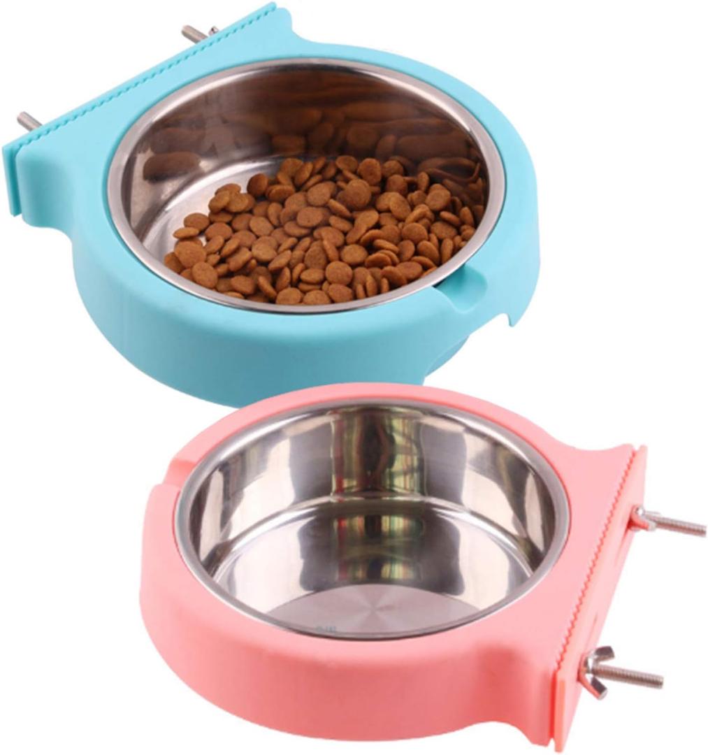 kathson Crate Dog Bowl, Removable Stainless Steel Hanging Pet Cage Bowl Food & Water Feeder Coop Cup for Cat, Puppy, Birds, Rats, Guinea Pigs (2pcs(Pink, Blue))