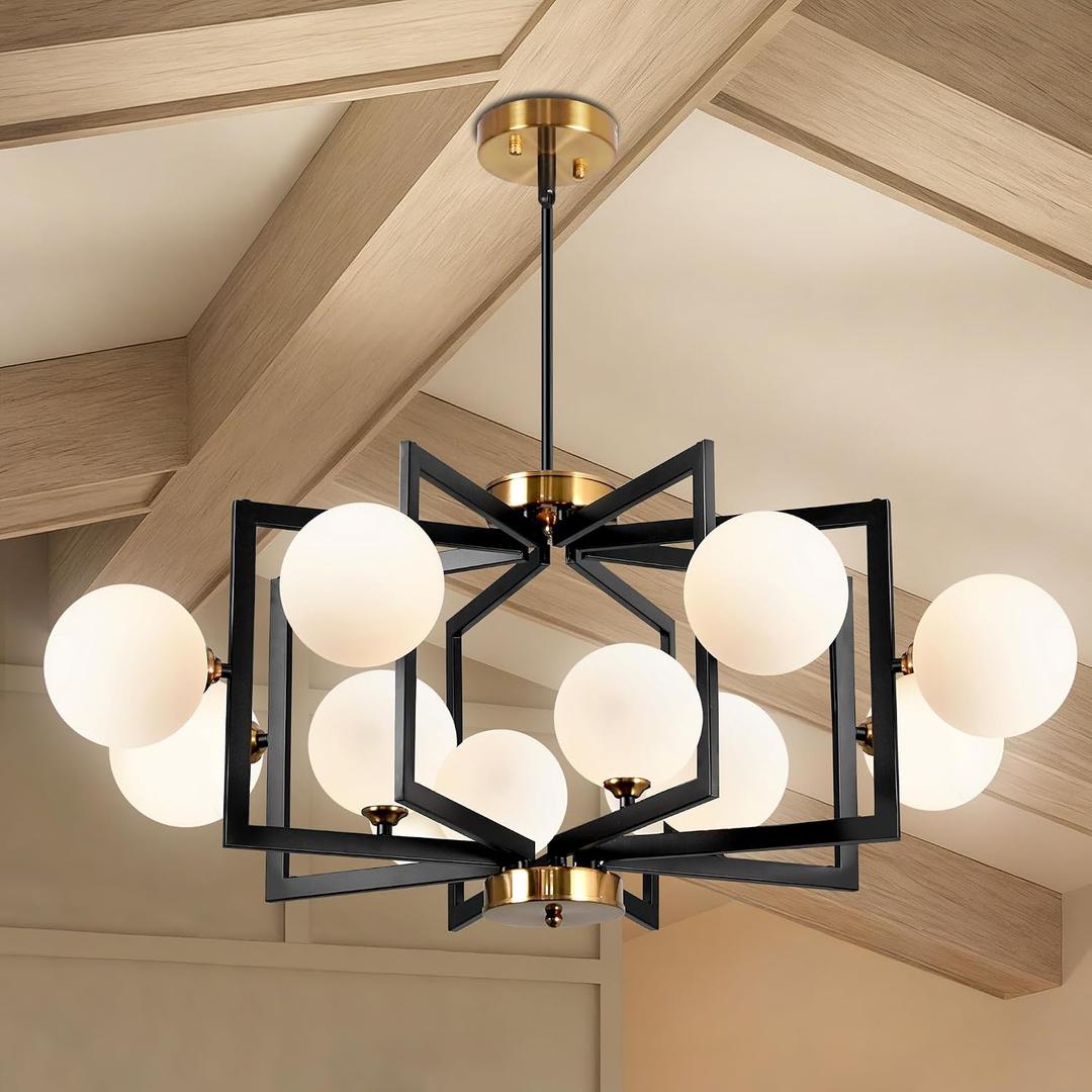 Dining Room Light Fixtures Over Table 12 Light Black Gold Chandelier, 33.86 inches