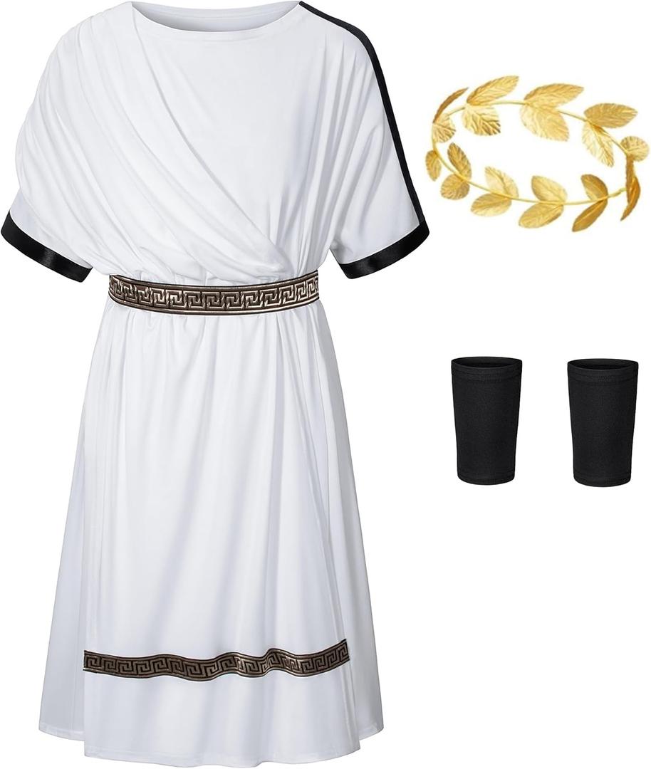 Kids Greece Toga Costume for Boys Ancient Greek Rome Mythos Philosopher Senate holaween Cosplay (14-15 Years, White)