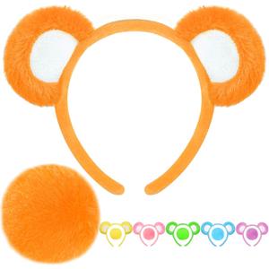 Bear Ears Headband and Tail Set for Adult, Bear Costume Animal Ears Costume with Red Heart Patch Accessory Set (Orange)