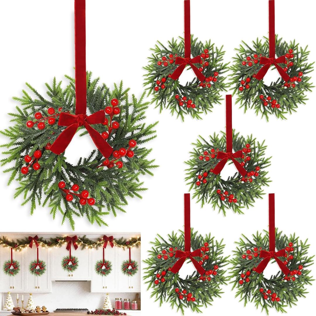 6 Pcs Mini Christmas Wreath for Cabinets Kitchen, 11 Inch Hanging Small Christmas Wreaths with Red Bows Cedar Branchs Red Berry Clusters for Kitchen Cabinet Fireplace Window Front Door Wall Decor