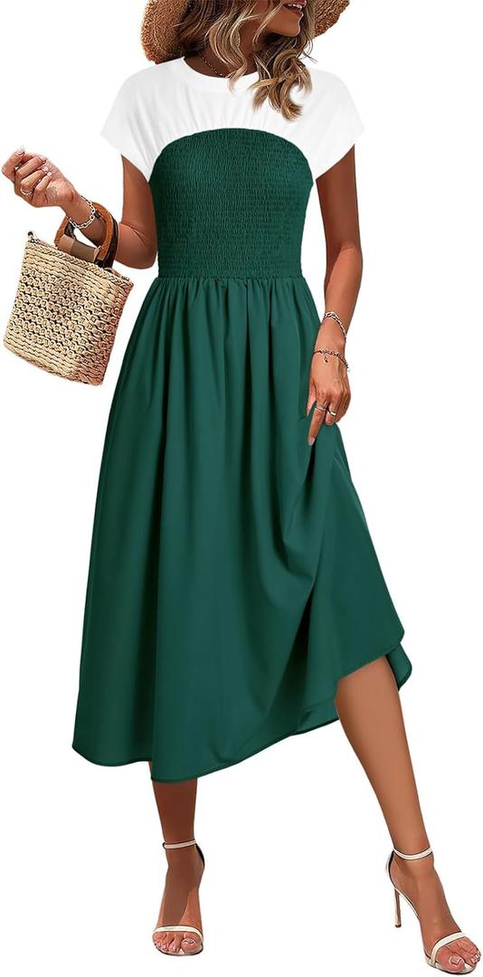 Wenrine Womens Casual Summer Midi Dress Smocked Cap Sleeve Crew Neck Color Block A Line Flowy Beach Dresses (Green, L) Wenrine Womens Casual Summer Midi Dress Smocked Cap Sleeve Crew Neck Color Block A Line Flowy Beach Dresses (Green, L)