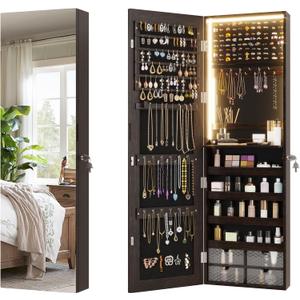 Vlsrka 47.2" LED Jewelry Mirror Cabinet, Wall/Door Mounted Jewelry Armoire Organizer with Full Length Mirror, Hanging Storage Cabinet with 4 Drawers, 5 Shelves, Built-in Lighted Mirror, (Dark Brown)