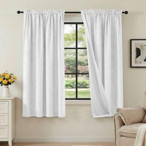 H.VERSAILTEX Linen Look 100% Blackout Curtains 63 Inches Long for Bedroom Full Light Blocking Rod Pocket Linen Textured Thick Window Curtain Drapes with White Backing, Pure White, 2 Panels