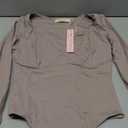 QINSEN Bodysuit Shirts for Women V Neck Seamed Cup Long Sleeve Shirt Double Lined Tops Rose Taupe Medium