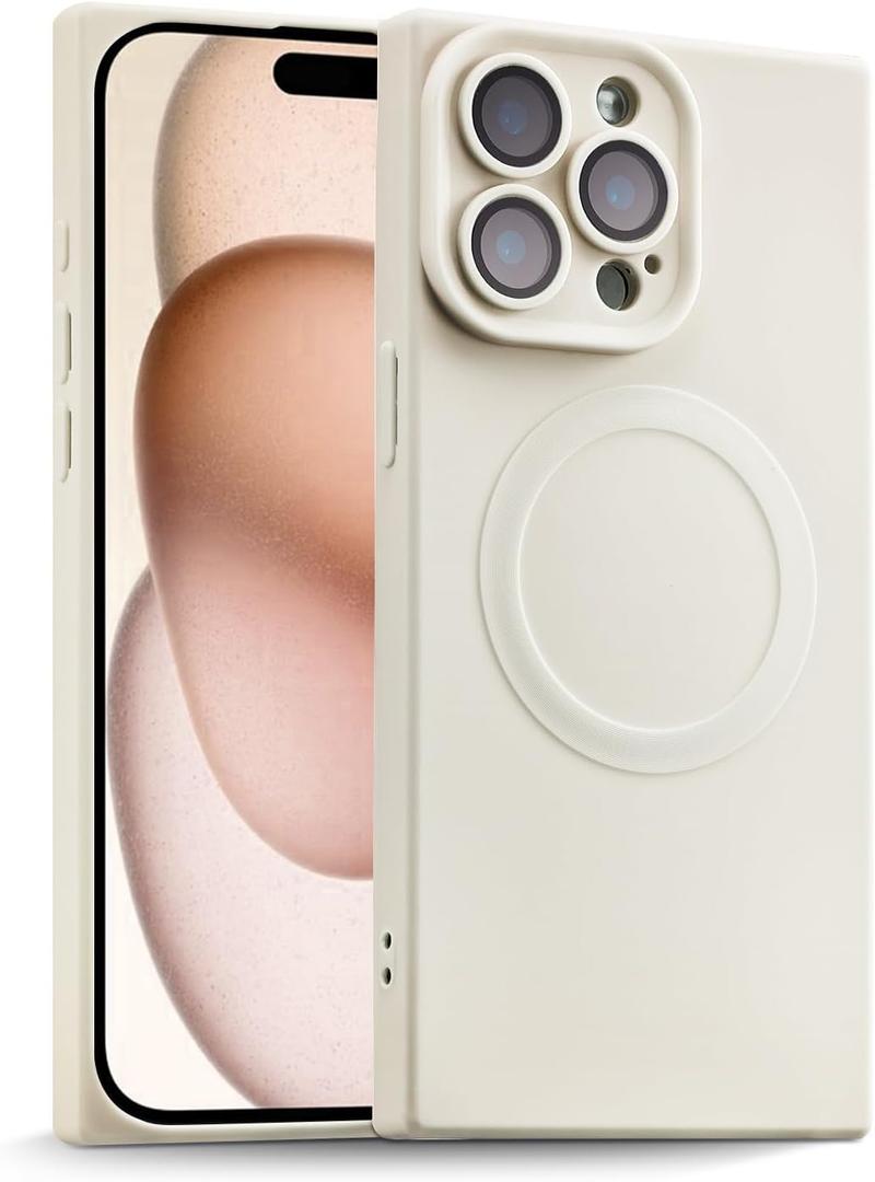 Designed for iPhone 15 Pro Case Silicone Compatible with Magsafe, Camera Lens Protector, Military Grade Shockproof Protective, Rectangle Magnetic Phone Case for iPhone 15 Pro White