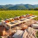 Novabright 120" x 30" Folding Boho Picnic Table with Woven Placemats and Table Runner Portable Low Picnic Floor Desk with Adjustable Legs for Beach, Wedding, Camping, 16 People, Four-fold Style
