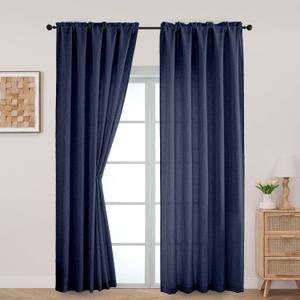 Aiyufeng Navy Blue Curtains 96 inch Length 2 Panels SetLight Filtering Soft Faux Linen Textured Window Curtain with Rod Pocket for Living Room Bedroom Farmhouse,Semi Sheer Airy Drapes52Wx96L,5PCS