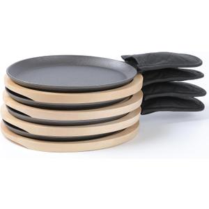 HAWOK Cast Iron Fajita Plate Sizzler Pan Set with Bamboo Tray and Handle Holder, Set of 4, Pre-seasoned Cast Iron Skillet with Bamboo Base and Handle Cover