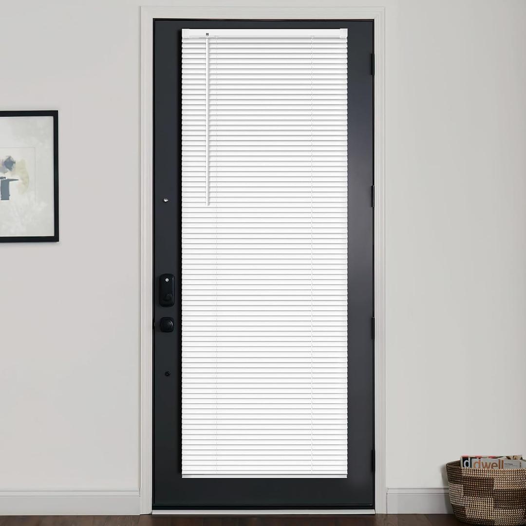 LazBlinds 1" Vinyl Mini Blinds for Doors, Cordless French Door Blinds for Privacy, Light Filtering Privacy Horizontal Shades for Front Door Patio Sidelight Glass Door, 25" W x 70" H, White