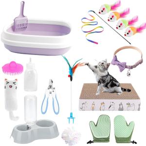 Kitten Starter Kit - 16 Pcs Cat Essentials Set Includes Litter Box, Toys, Collars, Scratch Pad, Nail File, Automatic Feed Bowls, Grooming Gloves (Purple, 16 Pcs)