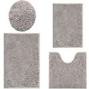 Plush Bath Rugs Set 4 Pieces - Soft, Durable Thick Chenille Bath Mats, Non-Slip for Bathroom Floor, Tub, and Shower - Light Grey