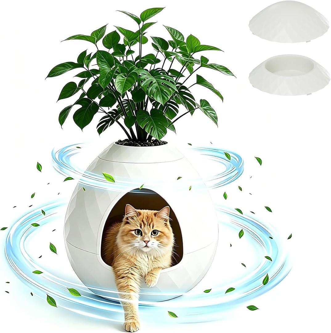 Egg-Shaped Hidden Plant Litter Box, Cat Litter Box Enclosure with Replaceable Plant Tray Top, Waterproof Cat Litter Cabinet Furniture, Odor Concealed Cat Box for Living Room Bedroom Corner
