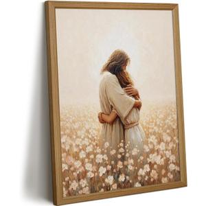 Jesus Hugging Woman Wall Art Christian Poster Religious Canvas Wall Decor Christ Lds Pictures Jesus Embracing Girl Prints Modern Painting for Living Room Bedroom 16x24 Inch Framed