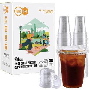 Turbo Bee 12 OZ 200 Sets Clear Plastic Cups with Strawless Sip Lids, To Go Crystal Clear Disposable Plastic Cups with Lids for Iced Coffee, Smoothies, Soda, Lemonade, Cold Beverage