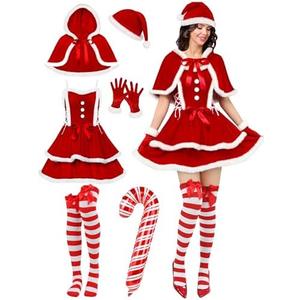 SOMSOC Mrs Santa Claus Costume Christmas Outfits For Women With Cape Santa Halter Dress Socks Balloons Xmas Cosplay, M