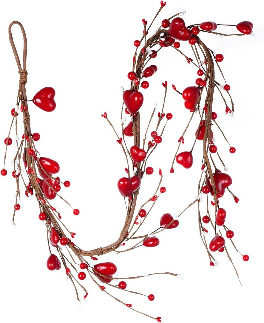 Valentine's Day Garland with Heart and Berry Valentines Day Decorations for Home Wedding Party Fireplace Door Wall Indoor Outdoor Decor