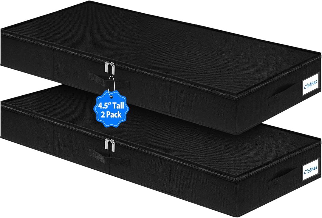 4.5-Inch Tall Under Bed Storage Container, Low Profile Under bed Storage Bin, Thin Clothes Storage Organizer with Rigid Sides & Bottom, Shallow Storage for Under Couch & Dresser Space, 2-pack, Black