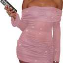 Women Sexy Off Shoulder Bodycon Mini Dress Mesh Sheer Ruched Sparkly Flared Long Sleeve Y2K Dress Club Night Out Dresses (Pink (1 Or 2 Size Up Pls))