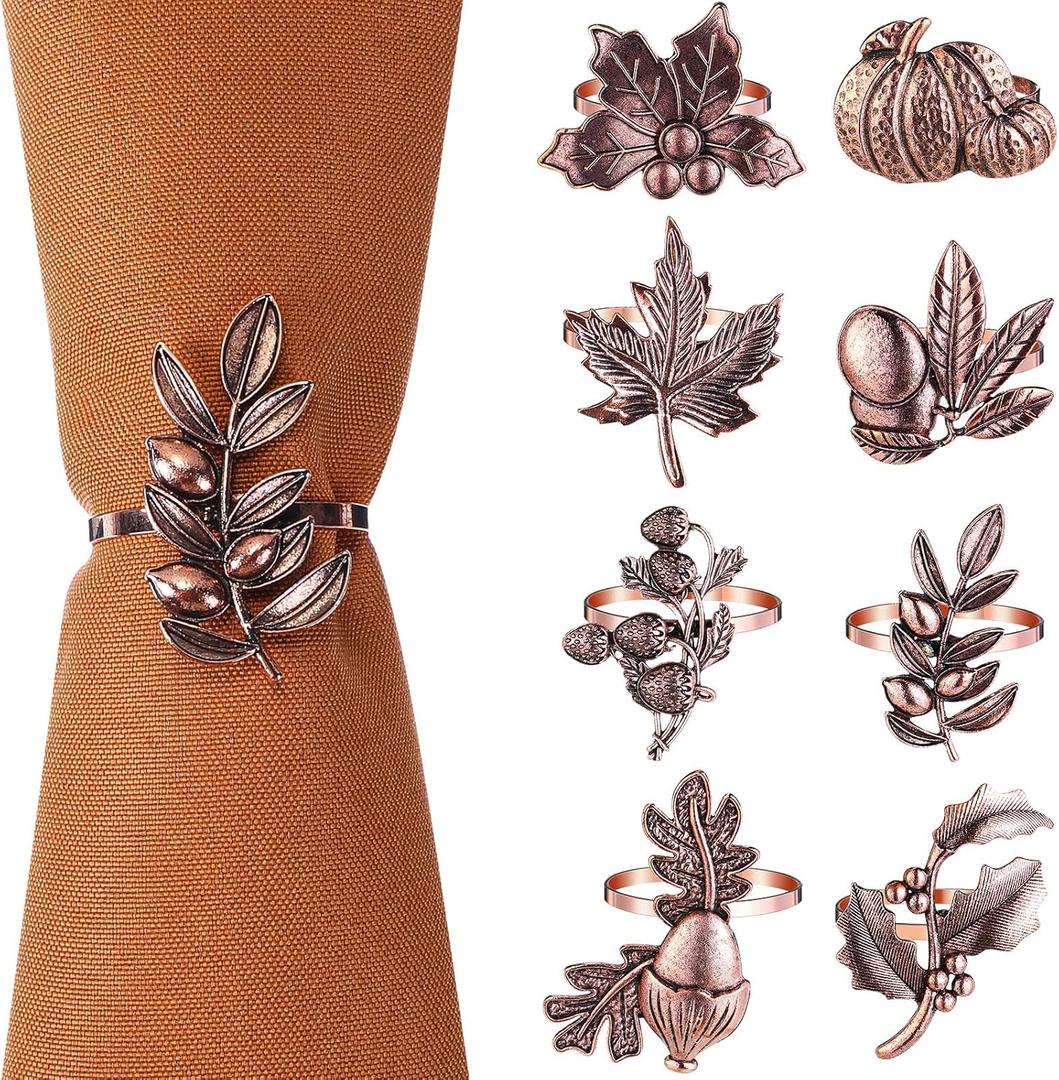 Remerry 8 Pcs Thanksgiving Napkin Ring Harvest Fall Leaf Pumpkin Holders Retro Alloy Metal Napkin Ring Buckle for Thanksgiving Wedding Table Supplies(Fruit and Vegetable)
