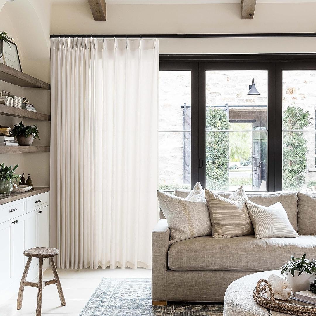 Pinch Pleat Linen Sheer Curtains 96 Inches Long 100 Inch Wide for Patio Sliding Door Light Filtering Semi Sheer Pleated Drapes Back Tab Cream Ivory Extra Wide 100 x 96 Curtain for Living Dining Room (Natural)