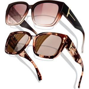 KANASTAL Over Glasses Sunglasses Polarized Fit Over Sun Glasses Oversized Design Fashion Wrap Around Shades 2 Pack (Tortoise/Brown,Gradient Brown/Brown)