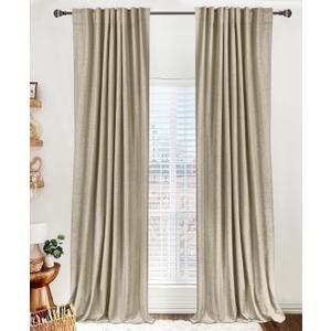 100% Blackout Shield Linen Blackout Curtains for Bedroom 63 Inches Long, Back Tab/Rod Pocket Living Room Drapes, Thermal Insulated Blackout Curtains 2 Panels Set, 50" W x 63" L, Oatmeal
