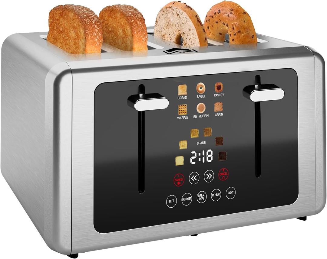 4 Slice Toaster, Touchscreen & Dual Independent Control Panel5 Basic Functions & Digital Countdown Toasters, 6 Shade Settings6 Bread Types, Smart Bread Maker Mute/Screen-Off,Silver