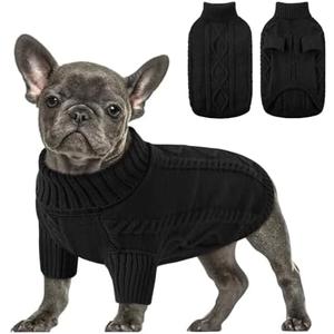 Queenmore Small Dog Pullover Sweater, Cold Weather Cable Knitwear, Classic Turtleneck Thick Warm Clothes for Chihuahua, Bulldog, Dachshund, Pug (Black, Small)