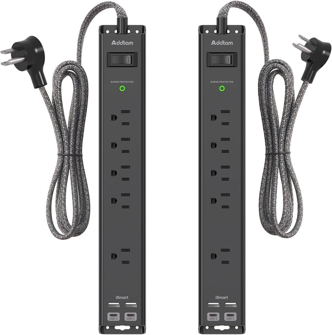 2 Pack Power Strip Surge Protector - 6Ft Extension Cord with 5 Widely Outlets 4 USB (2 USB C) Port, 1875W/15A, Wall Mount, Flat Plug, Desk Charging Station for Home Office College Dorm Room Essentials