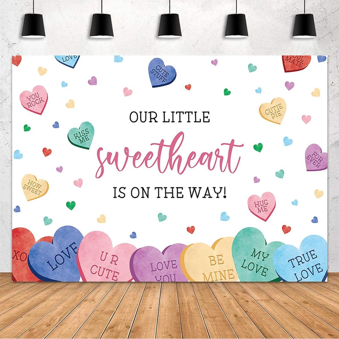 2 x MEHOFOND 7x5ft Baby Shower Backdrop - Valentines Baby Shower Decoration Banner - Our Little Sweetheart is On The Way - Sweethearts Candy Conversation Hearts Photography Background