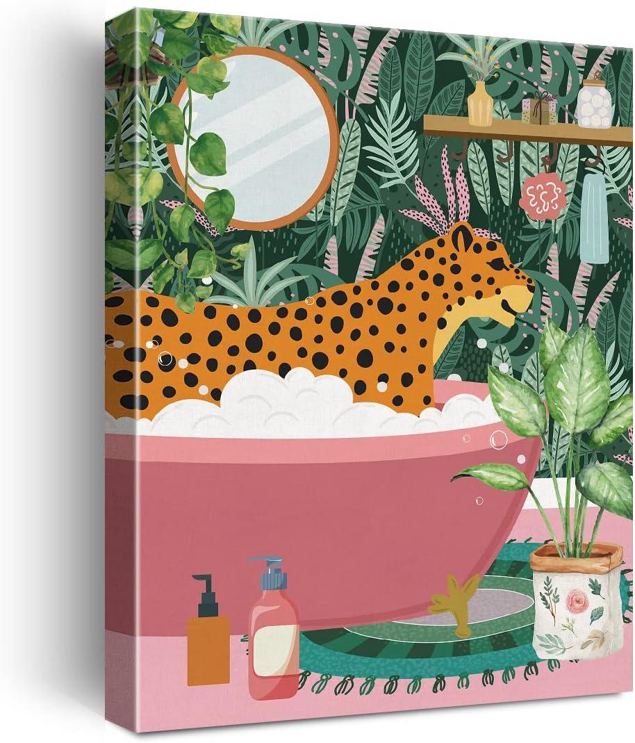 NISTOMISU Leopard in Bathtub Bathroom Canvas Prints Wall Decor Tropical Botanical Leopard Canvas Art Sign Canvas Poster Gifts for Home Toilet Bathroom Restroom Decor 11.5"x15"