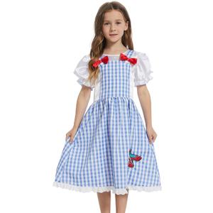 Kids Girls Wizard Costume Fancy Dress Plaid Print Puff Sleeves Gingham Dress (7-8 Years)