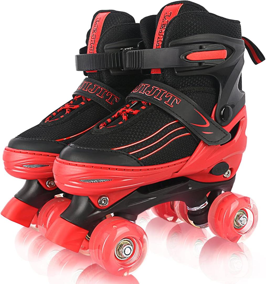 Roller Skates for Kids Boys Girls Toddler Ages 3-12, Adjustable 4 Sizes for Kids and Youth Teen with Light Up Wheels, Quad Red Roller Skates for Sports, (Size Youth 4Y-7Y)