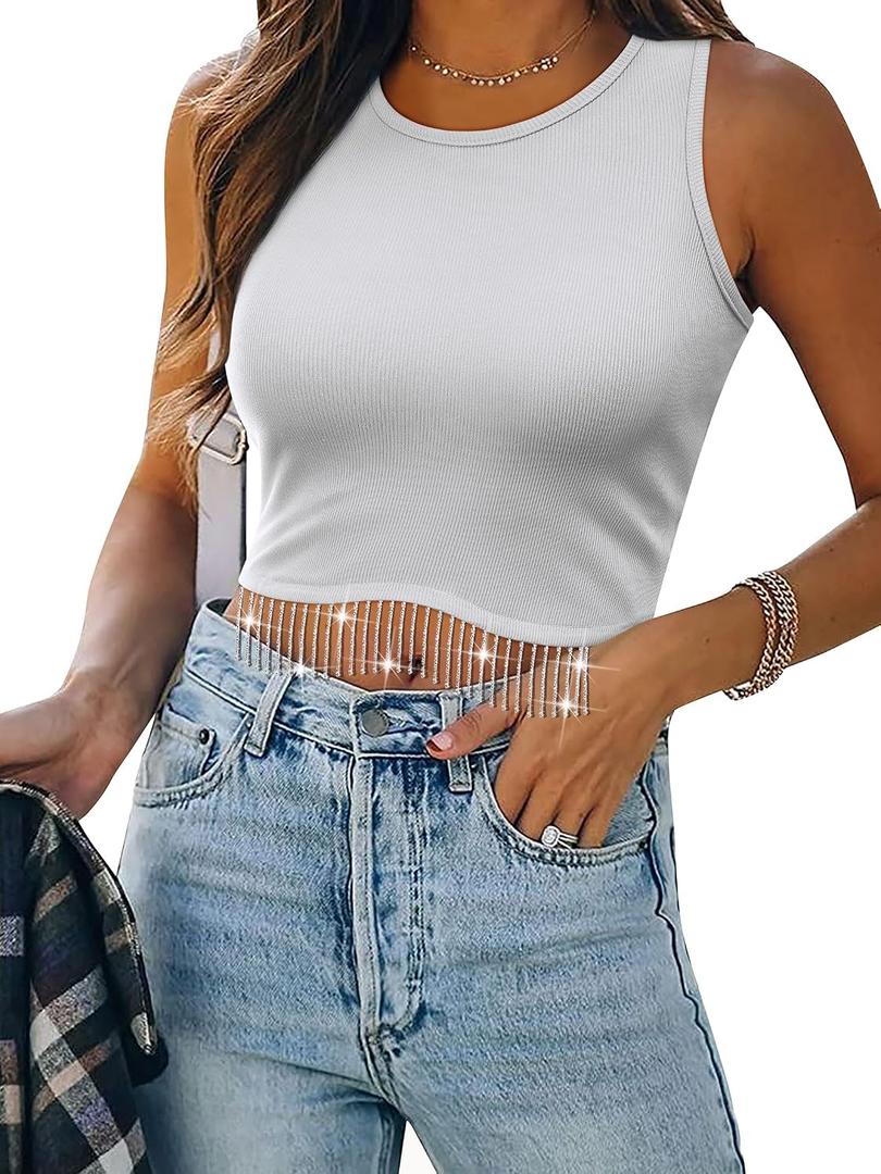 Womens Western Sparkly Fringe Sleeveless Crop Tops Cowgirl Going Out Cropped Tank Tops with Glitter Tassel (White, XL)