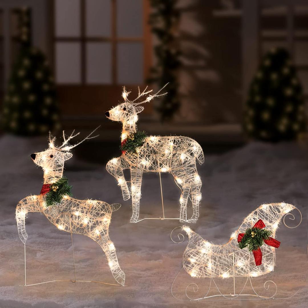 Set of 3 Outdoor Deer Christmas Decorations Light Up, 23 inch Pre-Lit 60 Lights for Santa Sleigh and Reindeer Decor with Stakes Outside for Yard, Lawn, Garden 2D Clearance