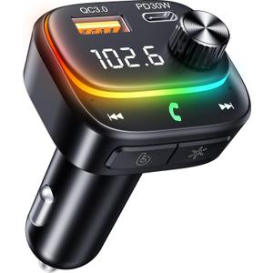 New FM Transmitter Bluetooth- 48W PD&QC3.0 Bluetooth Car Adapter with [Stronger Dual Mics & HiFi Deep Bass Sound], RGB Lights for Music Streaming